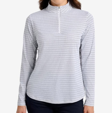 Person wearing a textured white and black long-sleeve shirt on a white background